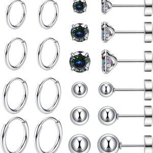 10 Pairs Hypoallergenic Surgical Steel Earring Set with CZ Studs and Hoops for S